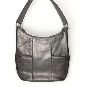 Tignanello Gunmetal Pewter Pebble Leather Shoulder Bag Silver Hardware 12"
